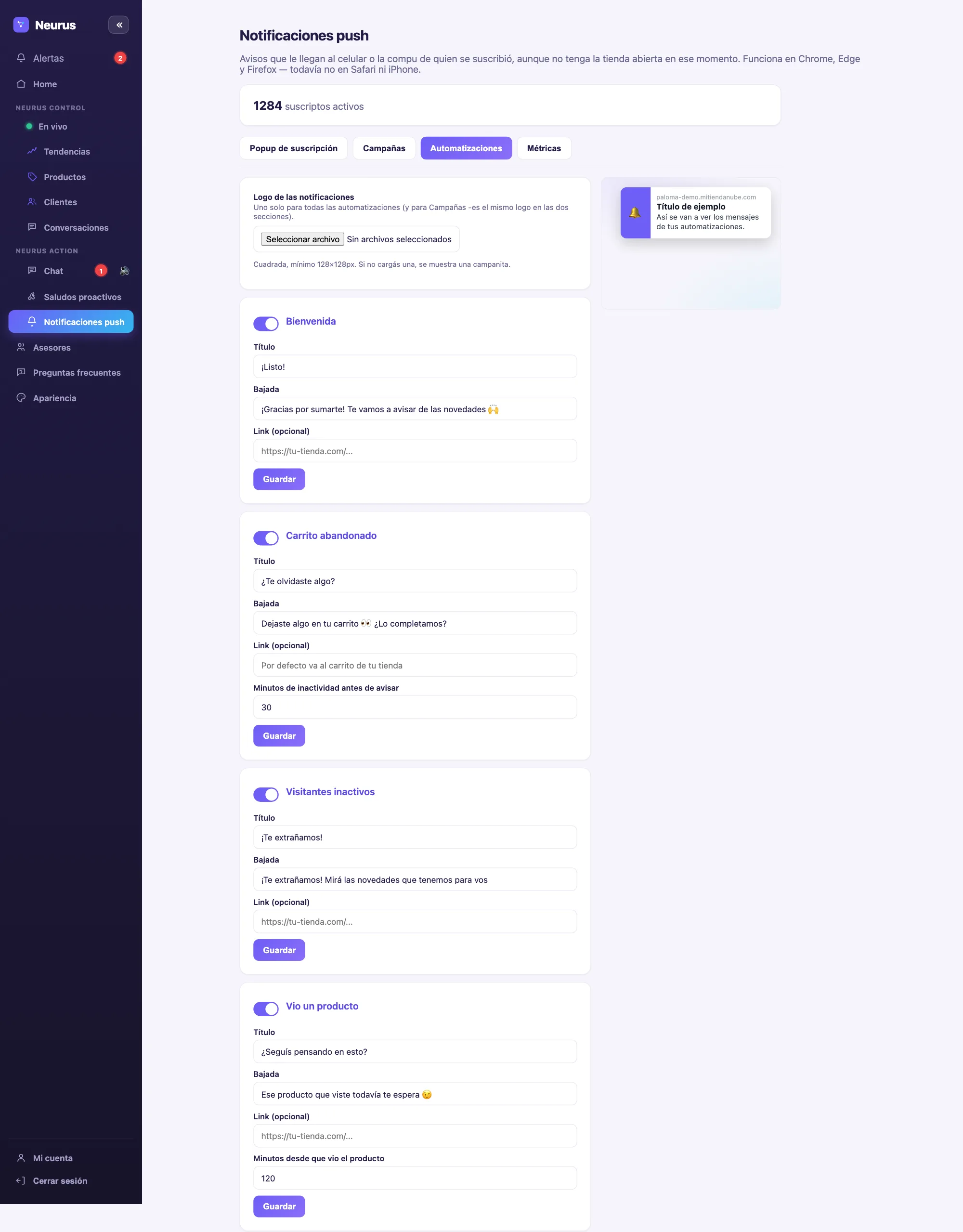 Automatizaciones de notificaciones push en Neurus: bienvenida, carrito abandonado, visitantes inactivos y vio un producto