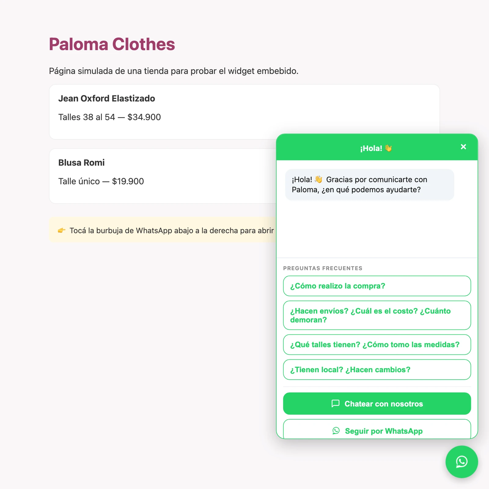 Burbuja del chat en la tienda, vista por la clienta: preguntas frecuentes, chatear online o seguir por WhatsApp